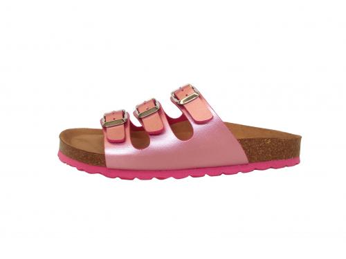 3 Schnaller Damen Bio-Pantolette in Pink Metallic 